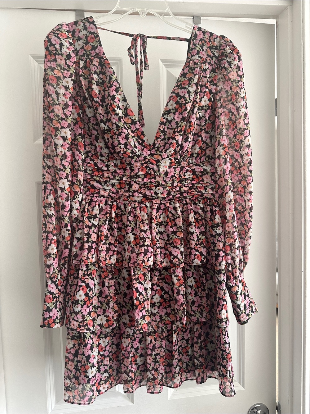 Charles Henry Pink Floral Long Sleeve Tiered V-Neck Dress